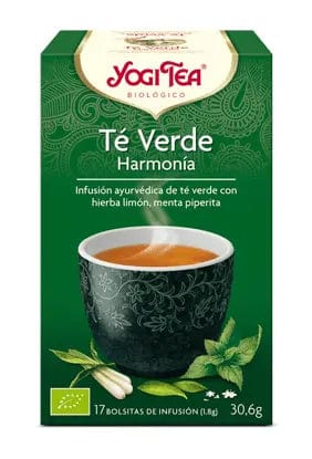 Yogi Tea Armonia Verde tea bags in a box, featuring 17 biodegradable tea sachets from Jag Couture London New York.