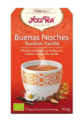 Yogi Tea Buenos Sueños Rooibos tea packaging with 17 tea bags, featuring red rooibos tea leaves and natural tea infusions.