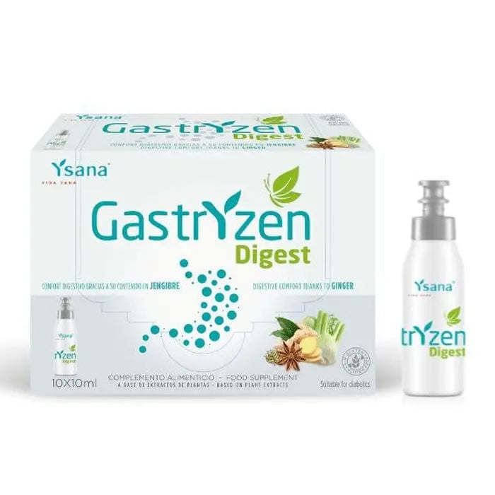 Ysana Gastryzen Digest supplement in 10 vials, by Jag Couture London New York, shown with the product bottle and packaging.