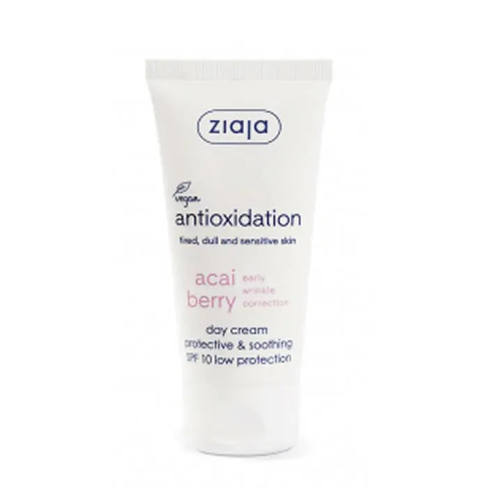 Ziaja Acai Facial Day Cream SPF10 in 50ml jar, shown with a white and purple packaging design.