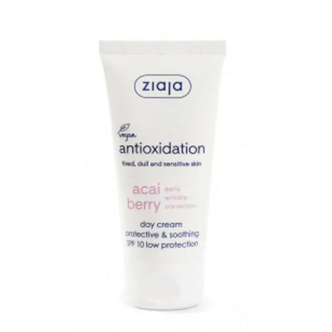 Ziaja Acai Facial Day Cream SPF10 in 50ml jar, shown with a white and purple packaging design.