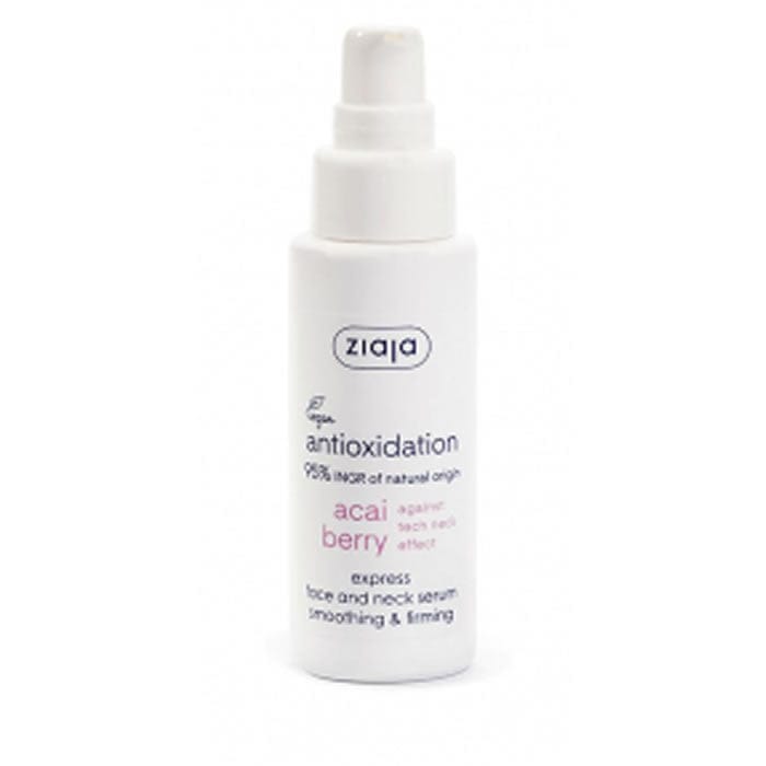 Ziaja Acai Serum Concentrado Antioxidante para rostro y cuello en frasco de 50ml, con diseño del producto y etiqueta visible