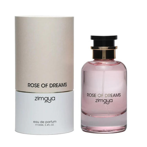 Zimaya Rose Of Dreams Eau De Parfum 100ml bottle by Jag Couture London with elegant floral design and clear glass packaging.