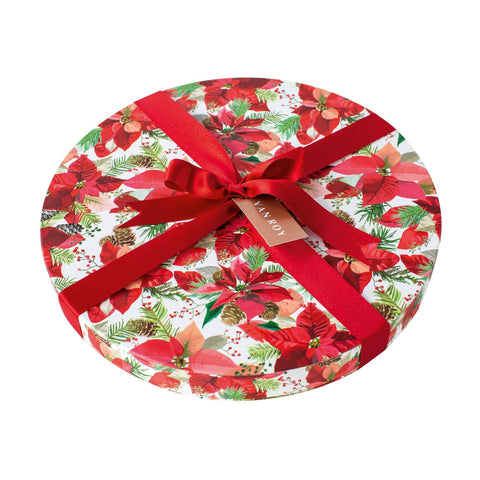 Deluxe round box of assorted Belgian chocolates with poinsettia designs from Jag Couture London – 30cm decorative gift box