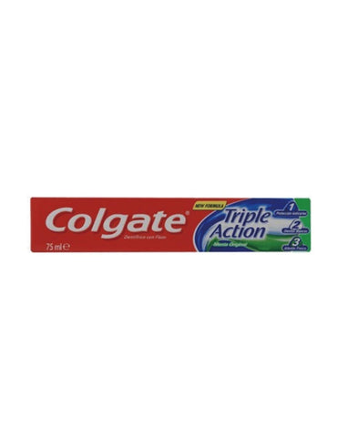 Colgate B Triple Action toothpaste in a 75ml tube, displayed with packaging from Jag Couture London New York.