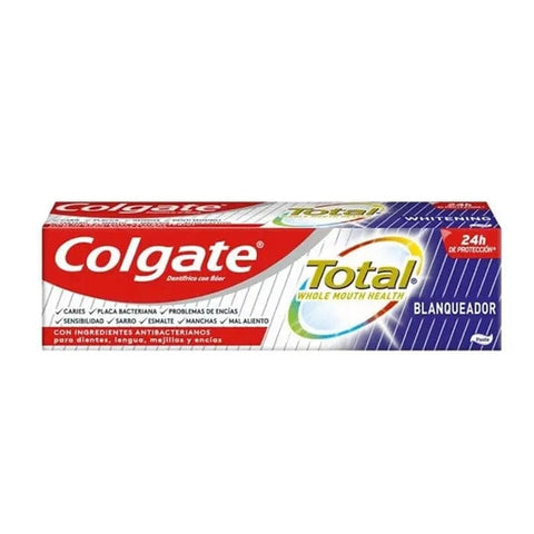 Jag Couture London-New York Dent Colgate Total Whitener 75ml toothpaste tube with white packaging and blue accents.
