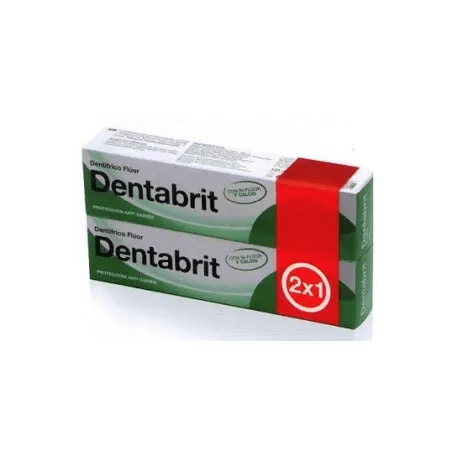 Jag Couture London New York Dentabrit Fluorine Toothpaste Duo pack showing two tubes of toothpaste with branding and packaging.