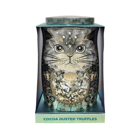 Assorted flavoured cocoa dusted truffles in a decorative Diamond Snow Cat tin by Jag Couture London New York