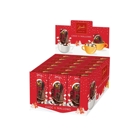 Display of Jag Couture London milk chocolate melting Snowy figure with marshmallows, 55g and 10g, featuring detailed chocolate snowman.