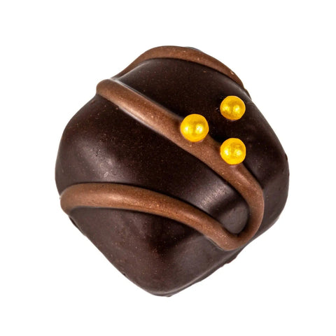 Jag Couture London Double Choc Fudge in dark chocolate with milk stripe and gold balls, 19g, showcasing rich, chocolatey texture.