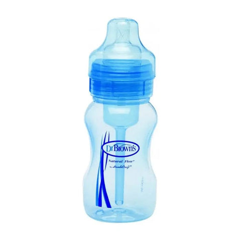 Blue Dr Brown's Wide Neck Baby Bottle 240ml with anti-colic design, displayed with cap and nipple attached.