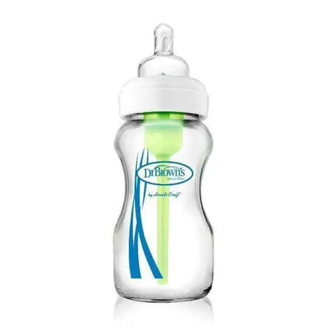 Dr. Brown's Crystal Wide Mouth Baby Bottle in 270 ml from Jag Couture London - New York, showing the clear glass and wide opening