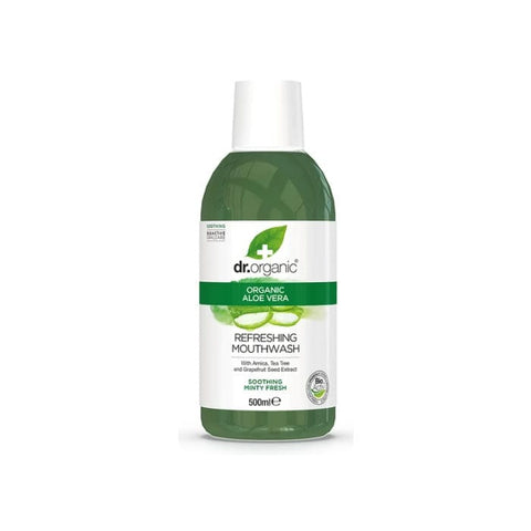 Jag Couture London New York Dr. Organic Aloe Vera Mouthwash 500ml bottle with label and cap on a white background.