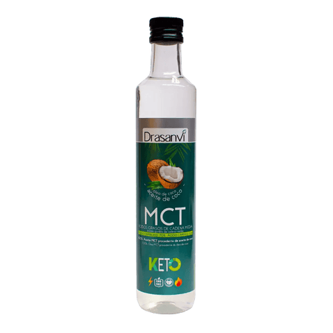 Drasanvi MCT Coconut Oil 500ml by Jag Couture London New York, showing a clear bottle of keto-friendly coconut oil.