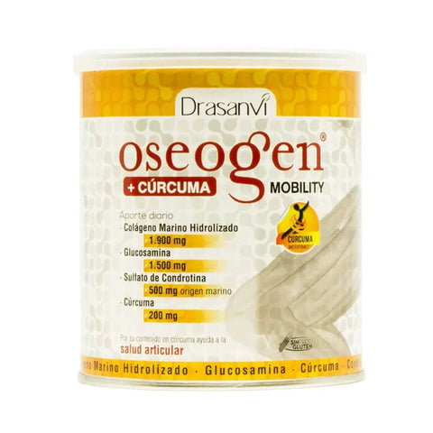 Drasanvi Oseogen Movility with Curcuma supplement in a 300g container, shown with the product label and packaging details.