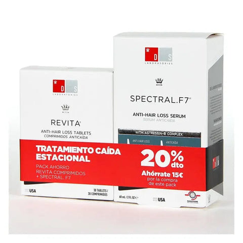 Ds Spectral F7 Hair Loss Treatment 60ml and Ds Revita 30 Tablets set by Jag Couture London and New York, shown together.