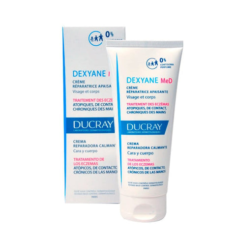 Ducray Dexyane Med soothing repair cream in 100ml tube, designed for sensitive skin, with a smooth, cream texture visible in the image.