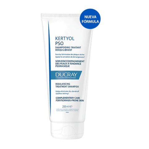 Ducray Kertyol PSO Rebalancing Treatment Shampoo in 200ml bottle, designed for scalp skin care and psoriasis relief.