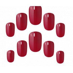 Set of Elegant Touch polished colour 24 nails with glue, squoval shape, rich red shade, by Jag Couture London New York.