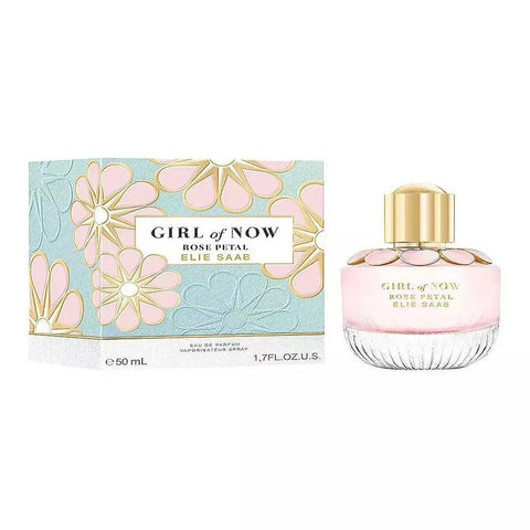 Elie Saab Girl Of Now Rose Petal Eau de Parfum 50ml bottle with pink rose design, showcasing elegant perfume packaging.