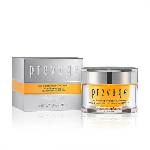 Elizabeth Arden Prevage anti-aging moisture cream with SPF30 in 50ml jar, shown with smooth cream texture and elegant packaging.