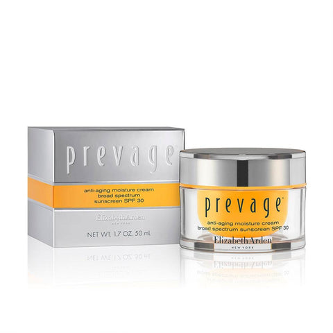 Elizabeth Arden Prevage Anti-Aging Moisture Cream SPF30 in 50ml jar, featuring a smooth cream texture and skincare benefits.