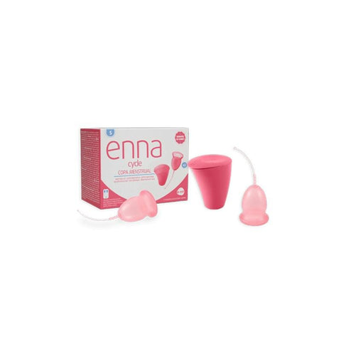 Enna Cycle Menstrual Cup Size S with sterilizer, two silicone menstrual cups by Jag Couture London New York, on a white background.
