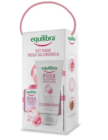 Jag Couture London New York Equilibra Rosa Ialuronica Manos Set with hydrating hand creams and skincare products in elegant packaging.