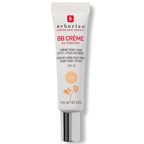 Erborian BB Creme Au Ginseng Nude SPF 20 in 15ml jar, showcasing smooth beige cream for radiant skin.