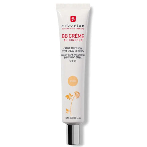 Erborian BB Crème Au Ginseng Nude SPF 20, 40ml, a beige BB cream with ginseng extract in a tube, natural finish and lightweight texture.