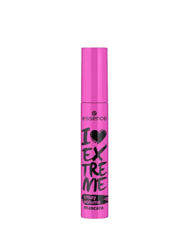 Essence Cosmetics I Love Extreme Crazy Volume mascara in 12ml bottle, with a sleek black tube and bold branding.