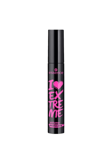 Essence Cosmetics I Love Extreme Volume Mascara by Jag Couture London-New York, 12ml tube with black brush for bold lashes.