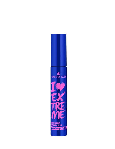 Waterproof Essence Cosmetics I Love Extreme Volume Mascara in 12ml, with a sleek black tube and applicator brush.