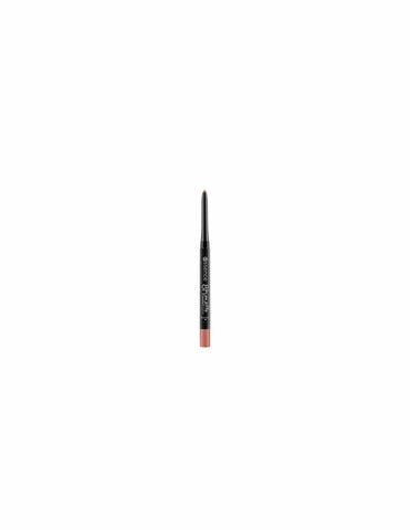 Essence Cosmetics Matte Comfort Lip Liner in Soft Beige, 0.3g, with a close-up of the pencil tip and product packaging.