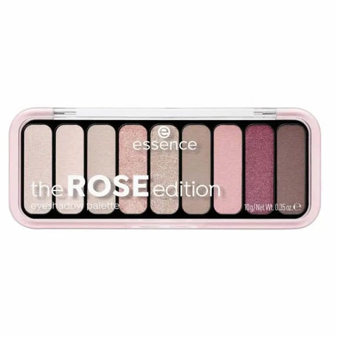 Jag Couture London Essence The Rose Edition eyeshadow palette with 10g of pink and neutral shades, open to display its colors and packaging.