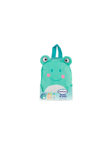 Three green frog-shaped Est Nenuco mochila bags by Jag Couture London New York, featuring playful, child-friendly backpack designs.