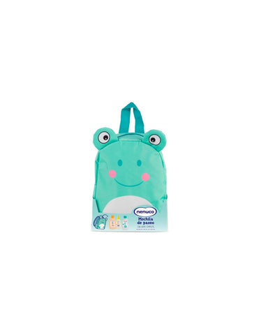 Set of three Est Nenuco Mochila Rana backpacks by Jag Couture London and New York, featuring colorful frog designs.