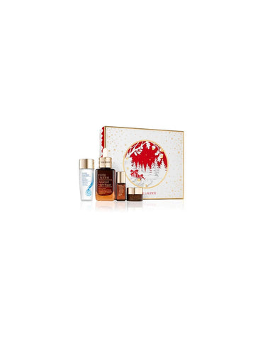 Estée Lauder Advanced Night Serum 50ml, Micro Essence 30ml, eye contour cream 5ml, and concentrated serum in a display.