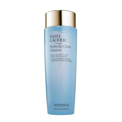 Estée Lauder Perfectly Clean Infusion Balancing Essence Lotion in a 400ml bottle, displayed with natural, clear packaging.