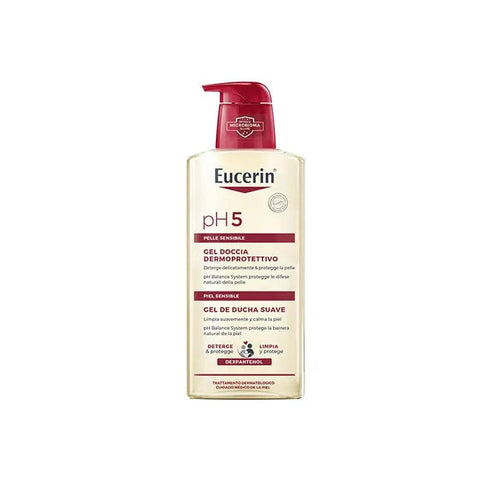 Eucerin PH5 Gentle Shower Gel in a 400ml bottle, designed for sensitive skin, with a clear label and pump dispenser.