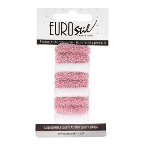 Set of nine mini pink and white hair ties from Eurostil Cabello Coleteros by Jag Couture London New York, perfect for styling.