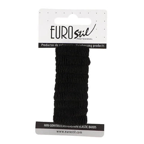 Mini black hair elastics from Eurostil by Jag Couture London, perfect for styling and securing hair.