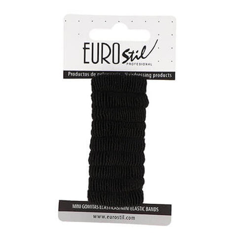 Black mini hair tie from Eurostil by Jag Couture London New York, shown as a close-up of the small elastic accessory.