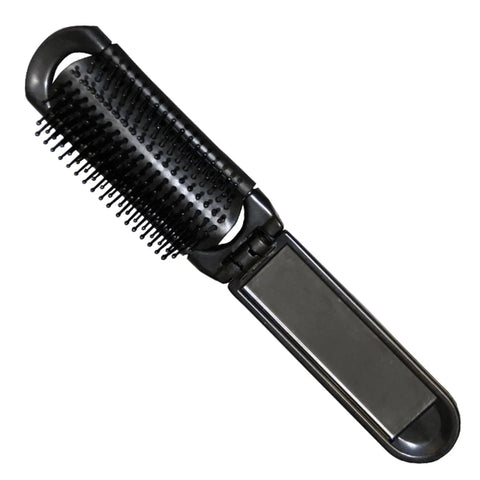 Eurostil foldable black hairbrush with mirror from Jag Couture London - New York, showing the compact design and reflective mirror surface.