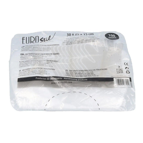 Pair of transparent disposable gloves from Eurostil, 100-pack, by Jag Couture London New York, showing the gloves laid flat.
