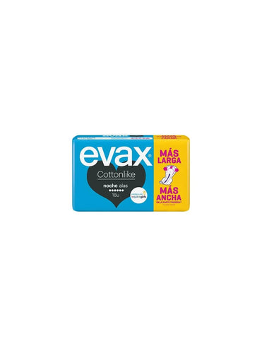Evax Cottonlike Alas Noche menstrual pads, 18 units, by Jag Couture London - New York, shown in a close-up image.