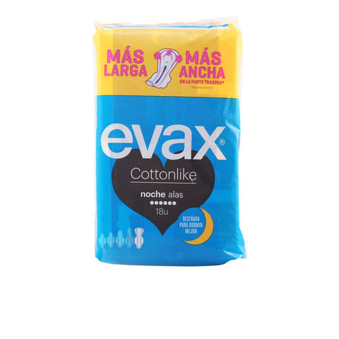 Evax Cottonlike Night with Wings sanitary towels by Jag Couture London New York, 18-unit pack, soft and absorbent for overnight use.