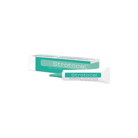 Exeltis Stratacel Gel Aposito Líquido 20g in a clear tube, designed for wound care, by Jag Couture London New York.