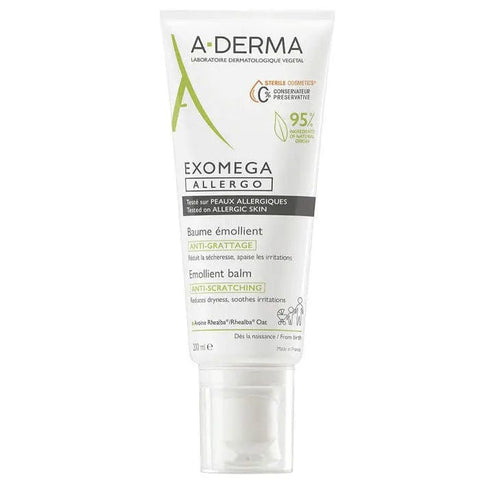 Jag Couture London Exomega Allergo Emollient Balm 200ml in a white tube with a blue cap, designed for soothing sensitive skin.