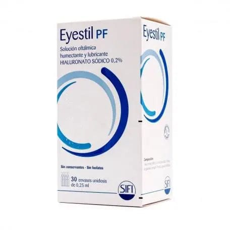 Eyestil PF ophthalmic solution in 0.25ml monodoses by Jag Couture London – New York, 30 single-dose vials for eye care.